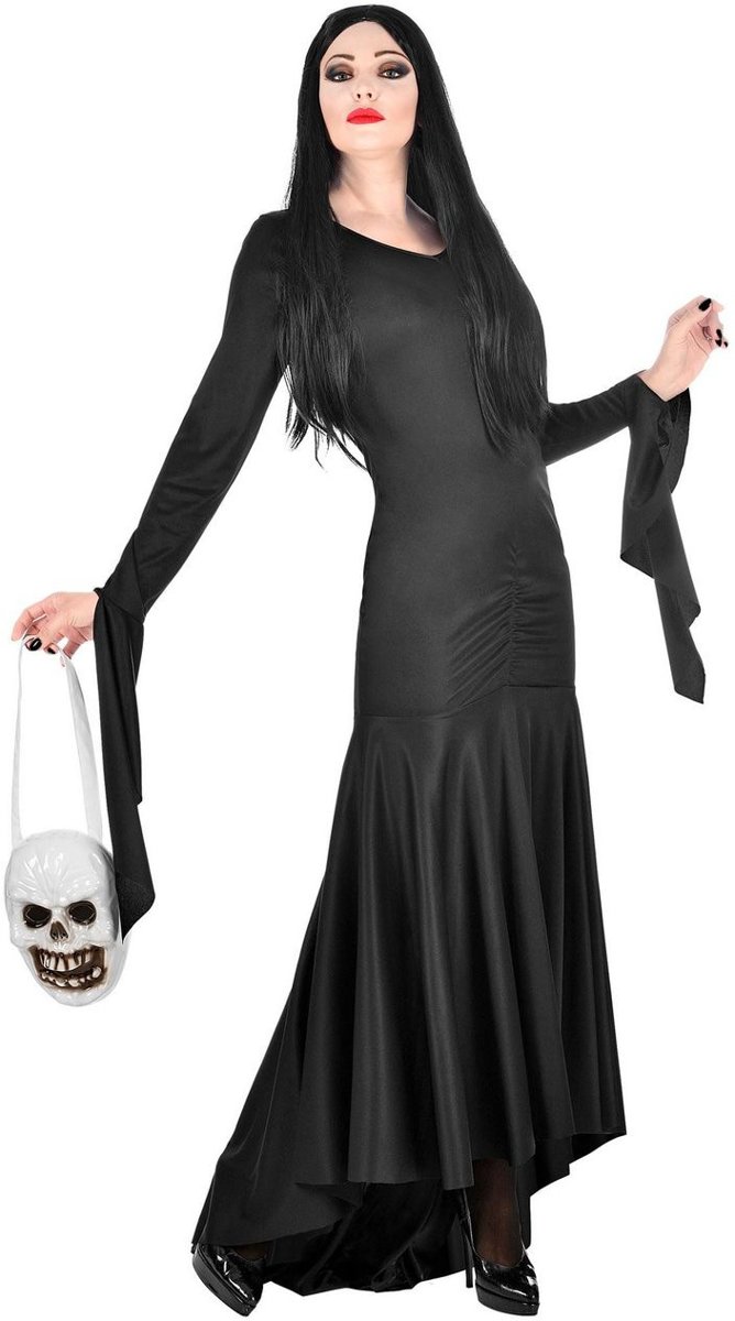 Gotisch Kostuum | Lang Zwart Fladderend Morticia Addams Family | Vrouw | Large | Halloween | Verkleedkleding